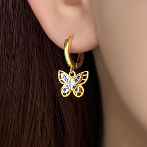 Brass Silver Plated Butterfly Huggie <b>Earrings</b> With <b>Blue</b> Zircon Women's Cute Fashion Jewelry - Product Image 3