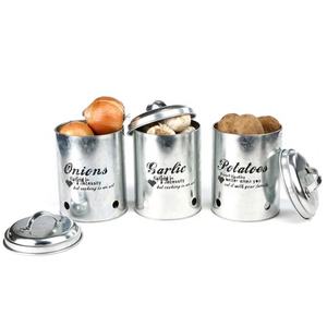 Rustic Farmhouse Potato Onion Garlic Keeper Vegetable Metal Storage Containers Set of 3 Kitchen Canisters