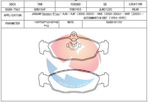 Plaquettes de frein SDCX D688-7563 / D1701-8925 / GDB1569 / SP2024 pour <span class=keywords><strong>ASTON</strong></span> <span class=keywords><strong>MARTIN</strong></span> DB7 Vantage /JAGUAR Vanden Plas - Product Image 2