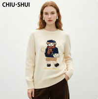 CHIU SHUI Pull en laine brodé style preppy pour femme, col rond, avec patch animal, hiver