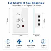 Interrupteur mural intelligent WiFi/Zigbee pour ventilateur et éclairage, protection contre les surtensions, PC pour la maison, interrupteur mural tactile moderne US avec commande vocale, application et minuterie