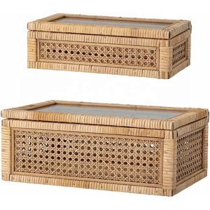 Antique cane and rattan display boxes with glass lid woven rattan storage box for home decor wholesale