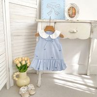 Robe d'été 2026 pour filles, sans manches, avec nœud brodé, motif fleur, style académie, rayée, pour bébés filles