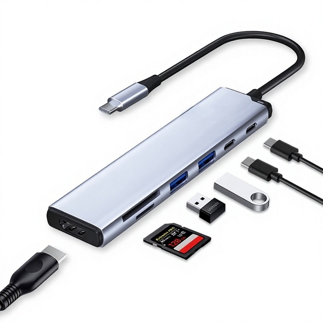 OEM 7in1 Type C Hub with LED Indicator 4K60Hz 100W PD Charging SD TF 3.0 Card Reader ABS Material Laptop Applicable