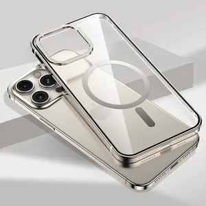 Titanium Steel Clear Transparent Phone Case For IPhone 15 Pro Max Stainless Frame Alloy Phone Shell With Magetic Wireless Charge