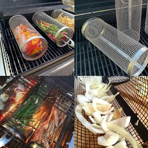 Stainless <strong>Steel</strong> Wire Mesh Cylinder Grill Basket BBQ Rolling Grill Tool Sets Food Grade Heat Resistant for Outdoor - Product Image 3