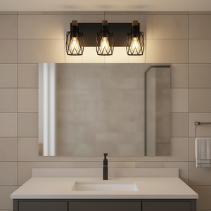 Applique da Parete Industriale Vintage a 3 Luci Nera con Gabbia e Dettagli in Legno di Noce, Design in Metallo per Bagno - Product Image 2
