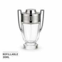 Flacon de parfum vide personnalisé en verre, design coupe-trophée 30 ml avec bouchon nervuré argenté et poignées en forme d'ailes, atomiseur rechargeable en gros
