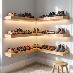 Étagères à chaussures flottantes en bois artisanales avec éclairage, organisateur de chaussures personnalisé, décoration <span class=keywords><strong>murale</strong></span> flottante en bois de 180 cm - Product Image 3