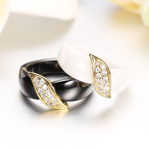 Ceramic Diamond <b>Ring</b> 18K Gold 21mm Leaf Pattern Black White <b>Couple</b> <b>Ring</b> Women's Everyday Wear - Product Image 2