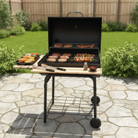Barbecue à charbon de bois moderne en fer forgé pour extérieur avec cheminée, robuste, portable, fumoir, tables latérales en bois, roues, pour les grillades en famille