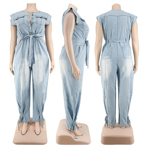 Combinaison en jean bleu sans manches pour femme, salopette une pièce en jean bleu, grande taille, vêtement d'été, - Product Image 6