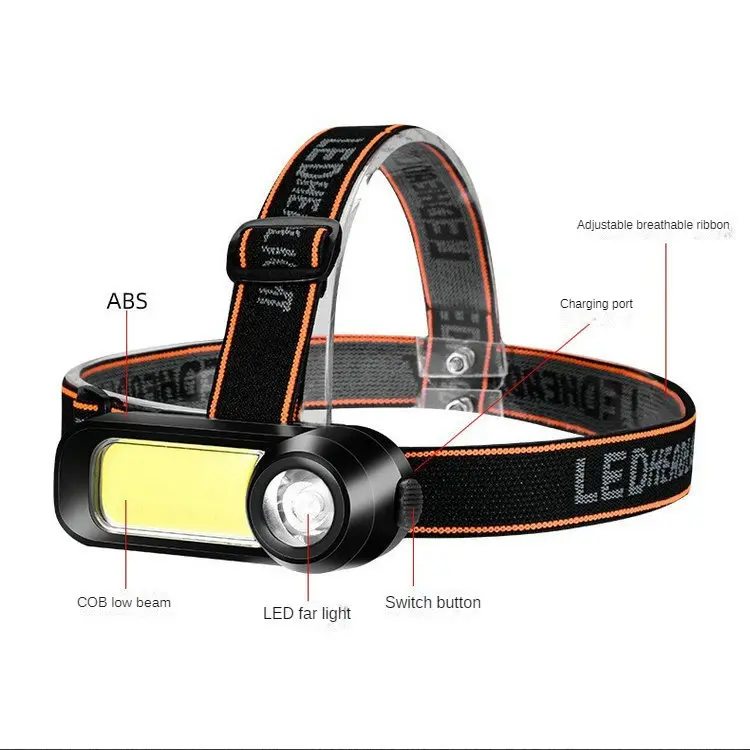 Senter kepala ABS 2 LED ringan, USB dapat diisi ulang berburu berkemah COB lampu depan dapat disesuaikan dengan baterai bawaan