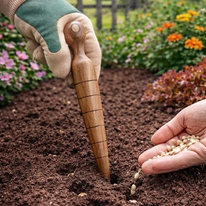Outil de jardinage artisanal en <span class=keywords><strong>bois</strong></span>, piqueur de <span class=keywords><strong>jardin</strong></span> traditionnel pour la plantation de graines et de bulbes avec marquages de profondeur (8 pouces) - Product Image 1