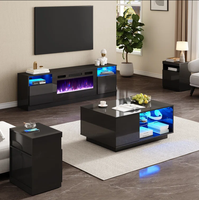 Ensemble de table de salon de luxe 4 pièces très brillantes avec support de télévision inclus avec cheminée à LED Table basse 2 tables d'appoint avec bandes à LED