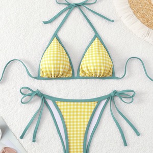 Bikini de plage sexy à motif pied-de-poule, col halter, design triangulaire, maillot de bain mignon pour filles à petite poitrine, parfait pour - Product Image 2