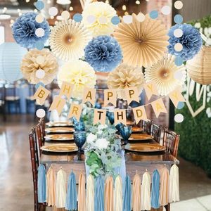 Decorazioni per <span class=keywords><strong>Compleanno</strong></span> Blu Polvere, Beige e Champagne, Stile Boho Neutro, Striscione 'Happy Birthday', Pompon, Lanterne, Ventagli, Ghirlande con Nappe per Matrimoni e Compleanni - Product Image 6
