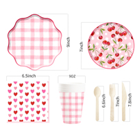 DAMAI Fournitures de fête d'anniversaire pour enfants, thème pique-nique, rose cerise à carreaux, vaisselle jetable, serviettes en papier, gobelets, assiettes