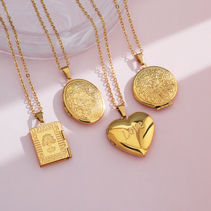 Collier Pendentif Double Face Texturé Porte-Photo pour Femme, Couleur <span class=keywords><strong>Or</strong></span>, Médaillon Cœur, Ras-du-Cou Fleur, Cadeau Couple - Product Image 1