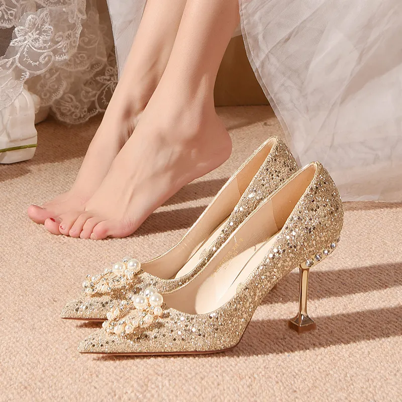 Manufacturer Wholesale Custom Female High Heels Luxury Shiny Shoes For Women Bridal Bridesmaid Heel Sandals Gold Dress Shoes 34