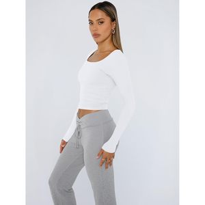 Haut à manches longues pour femme, col carré, double doublure, coupe ajustée, style Y2K, t-shirt basique en tissu tricoté élastique, pour tous les jours - Product Image 4