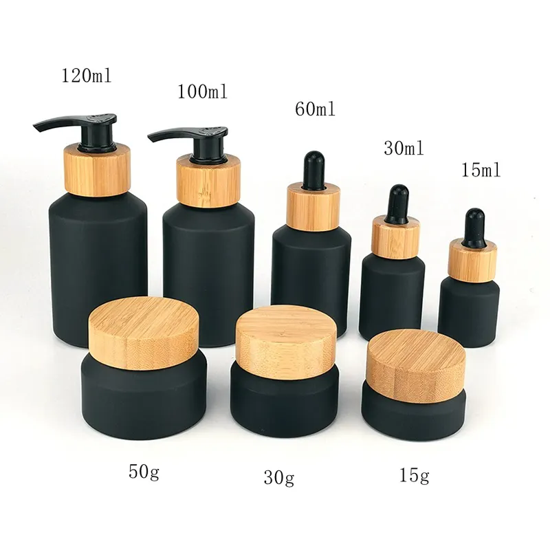 Tarro de crema de embalaje cosmético de bambú vacío 15ml 60ml 120ml 30g 50g bomba de loción esmerilada botella cuentagotas de vidrio con tapa de Bambú