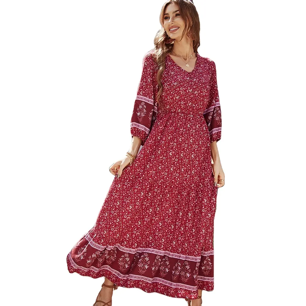 2022 nouveau Offre Spéciale automne hiver bohème casual vacances robe de mode impression col v à manches longues maxi robe femmes