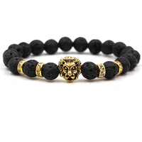 Bracelet en pierre de lave plaqué or pour homme, fermoir tête de lion, entretoise en strass, perles naturelles, bijou de mode de luxe, cadeau de mariage