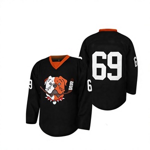 Maillot de hockey sur glace noir, col en V, manches longues, imprimé chien de dessin animé sublimé, numéro 69, vêtements de sport unisexes pour adultes, coupe régulière - Product Image 1
