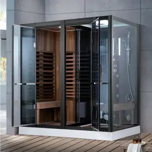 2 Person Wooden Sauna Room Tempered Glass Steam Cabin Combo Multifunctional Shower Room For Garden