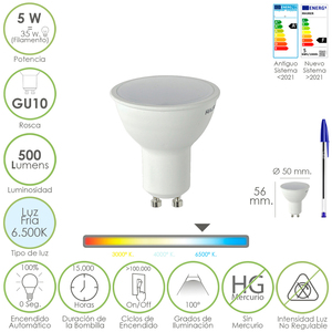 Lampadina LED Dicroica GU10 a Innesto 5 Watt. Equivalente a 30 Watt. 500 Lumen. Bianco Freddo (6500K) - Product Image 1