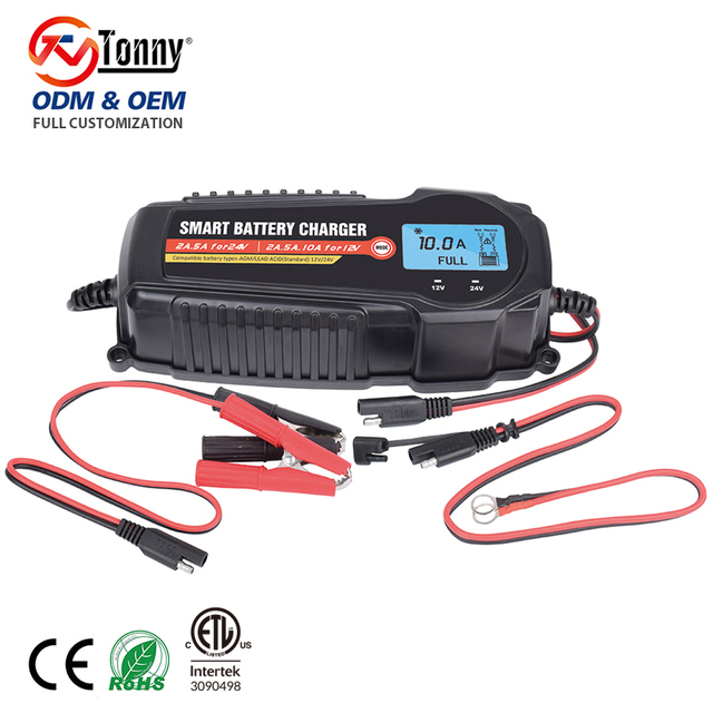 Factory Price 12V 24V 10A Smart Adjustable Battery Charger with LCD Display for Car Truck RV