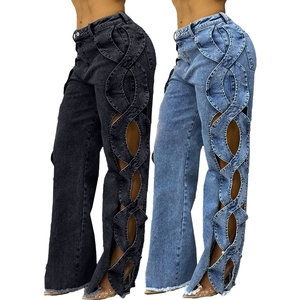 Women's Side Hollow S <b>Line</b> Denim Patchwork Pants <b>Jeans</b> Fashion - Product Image 1