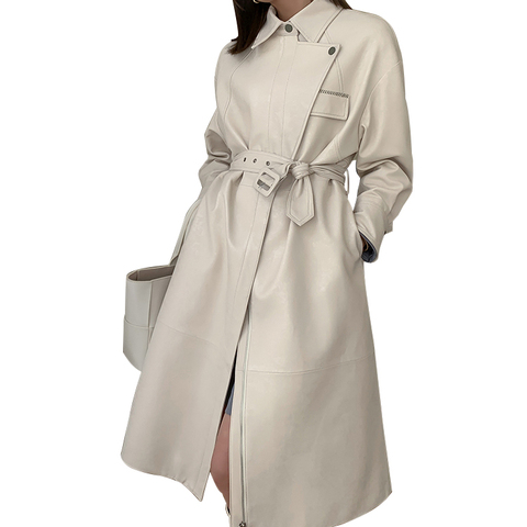 2202 Fashion Cool Sayin European Style Genuine Leather Sheepskin Waist Slimming Long Trench Coat