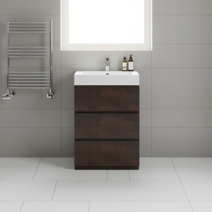 Mueble de Baño Moderno de 24 Pulgadas con Acabado en Nogal, Gran Espacio de Almacenamiento, Preensamblado, Lavabo de Cerámica Blanca, Independiente - Product Image 2