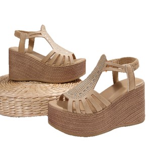 Women Rhinestone Wedge <b>Sandals</b> Summer New Thick Sole Platform Large Hollow Elastic Strap Roman <b>Sandals</b> - Product Image 5