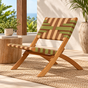 Chaise de jardin pliante en teck avec tissu rayé vert et marron, mobilier d'extérieur rustique, fauteuil inclinable manuel, pieds coniques - Product Image 5
