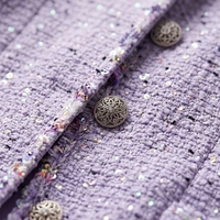 Ensemble coordonné élégant 2026 en tweed lavande à sequins, éco-responsable, coupe ajustée, veste courte et mini-jupe, deux pièces, personnalisable OEM/ODM