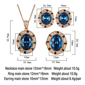 Fashion Eco-friendly Copper Gold Plated Oval Cut 12*16MM 10*12MM Zircon <b>Blue</b> Crystal Gemstone <b>Necklace</b> 3 Piece Jewelry Set - Product Image 4