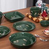 Ensemble de vaisselle de Noël vert en gros, décoré de feuilles en relief, cadeaux de Nouvel An festifs, décorations de fête, assiettes, bols, tasses, ensemble de vaisselle en céramique