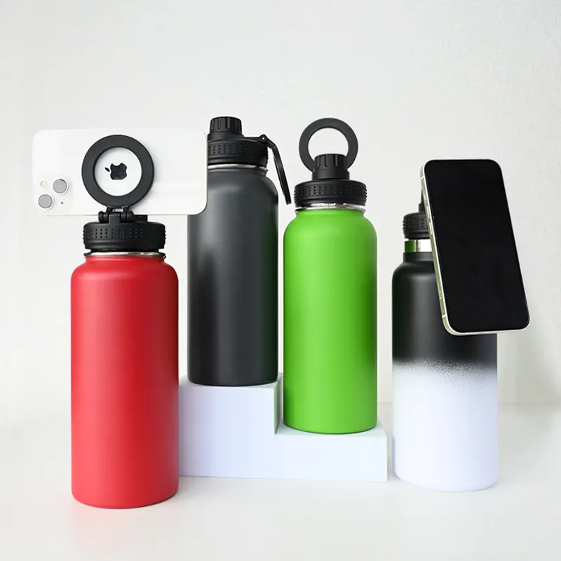 Custom 1L 32oz double wall vacuum flasks stainless steel insulated magnetic magsafe bpa free water bottle with phone holder