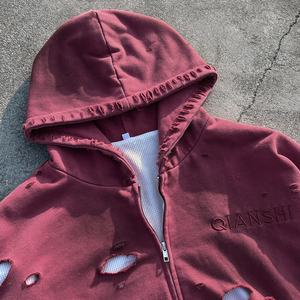 Sudadera con capucha extragrande personalizada con bordado, de doble capa, estilo waffle, con efecto desgastado, al por mayor, con cremallera y lavado ácido para hombre - Product Image 4