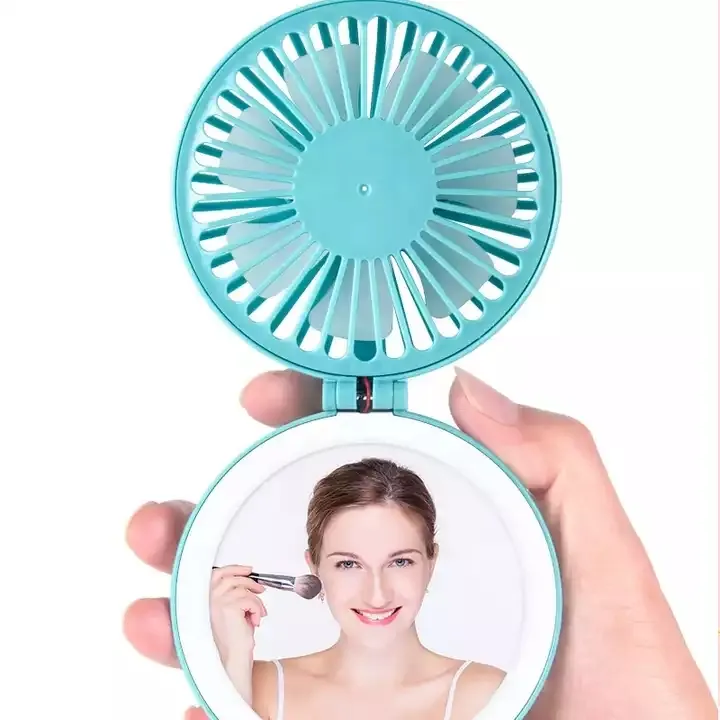 Mobile Hand Travel USB rechargeable Mini Air Cooling Fan LED Make Up Mirror with Light foldable usb Mini Fans