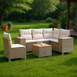Ensemble de canapés de jardin en rotin beige avec structure en acier pour 6 personnes, mobilier d'extérieur au design contemporain, résistant aux intempéries - Product Image 2