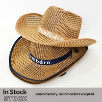 Chapeau de cowboy en paille respirant à large bord avec sangle de menton réglable pour activités de plein air, pêche et randonnée