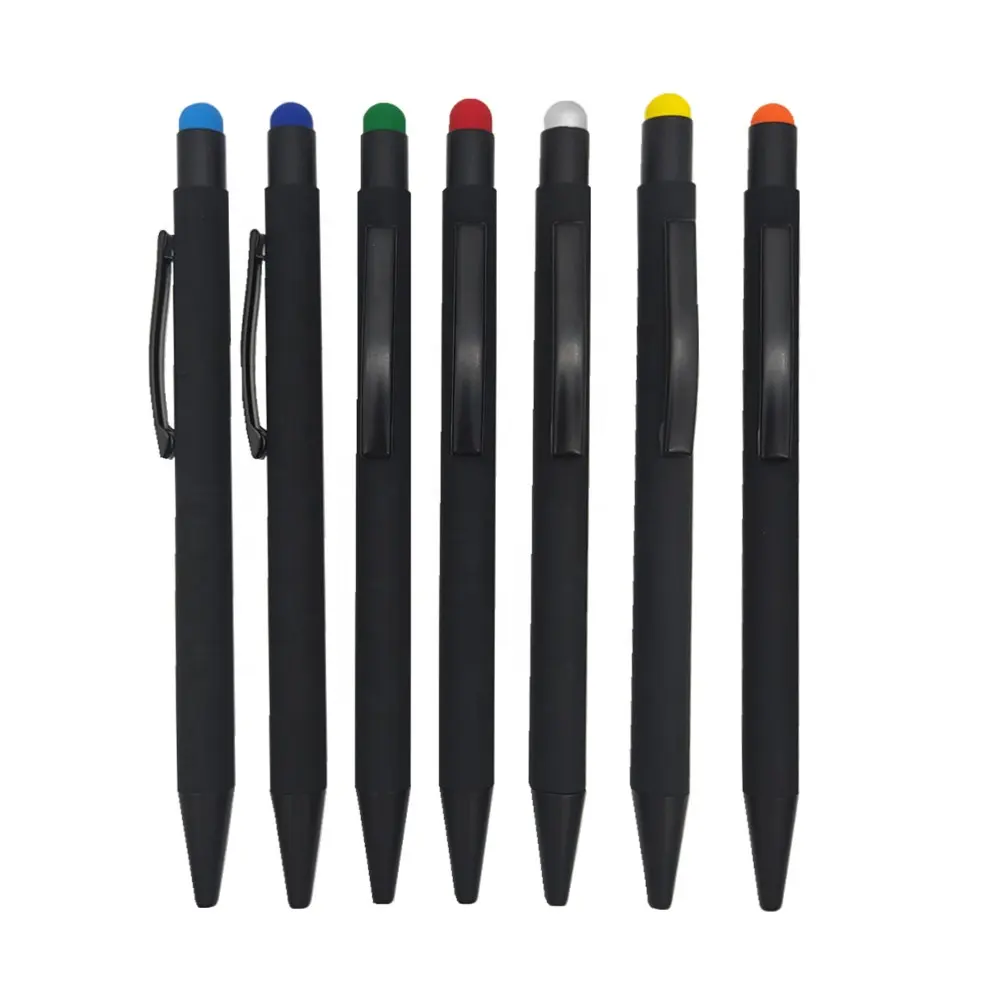 Alumum2 em 1 caneta de escrita clique em borracha macia, tela de toque preta de metal, pinça stylus com logotipo personalizado