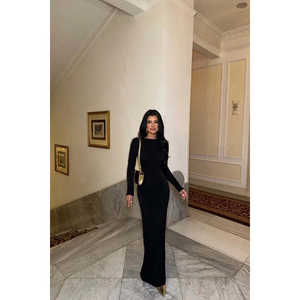 Robe de soirée noire de luxe pour femme, motif 3D simple, coupe trapèze, style robe de bal, fente, taille empire, longueur ras du sol, XS, détail au dos - Product Image 3