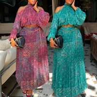 Ensemble deux pièces tendance et élégant : haut à manches longues et jupe midi plissée africaine, haut imprimé à col montant et jupe plissée – Tenue 2 pièces