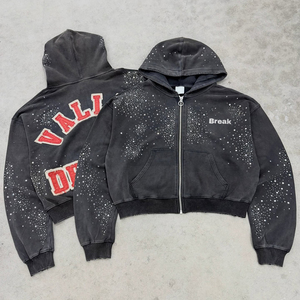 Sweat à capuche surdimensionné vintage en coton délavé avec logo personnalisé, imprimé brodé, strass et fermeture éclair pour homme - Product Image 1