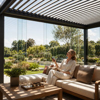 Pergola en aluminium avec stores enrouleurs coupe-vent, porte vitrée, étanche, motorisée, pour cour, jardin, balcon